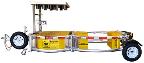 The Scorpion II Blocker TL-3 Towable Attenuator (TA) easily attaches to a truck or apparatus using a standard pintle hook and ½" thick × 32" wide steel frame plate.