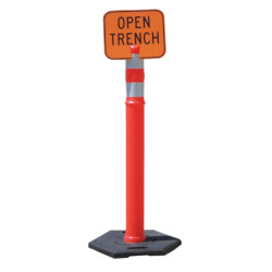 Orange sign with black text saying "Open Trench" (#042) on a 42" Grabber-Tube (#16131-N-042)